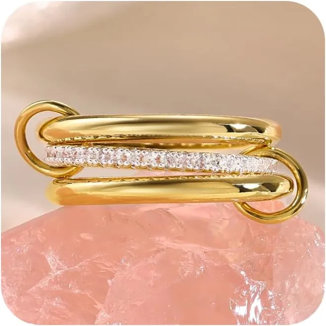 Gold Stackable Rings for Women, Dainty 14K Gold Plated Cubic Zirconia Interlocking Rings for Women Trendy Stacking Gold And Silver Multi-Link Rings Set Fashion Jewelry for Women Size 6-10