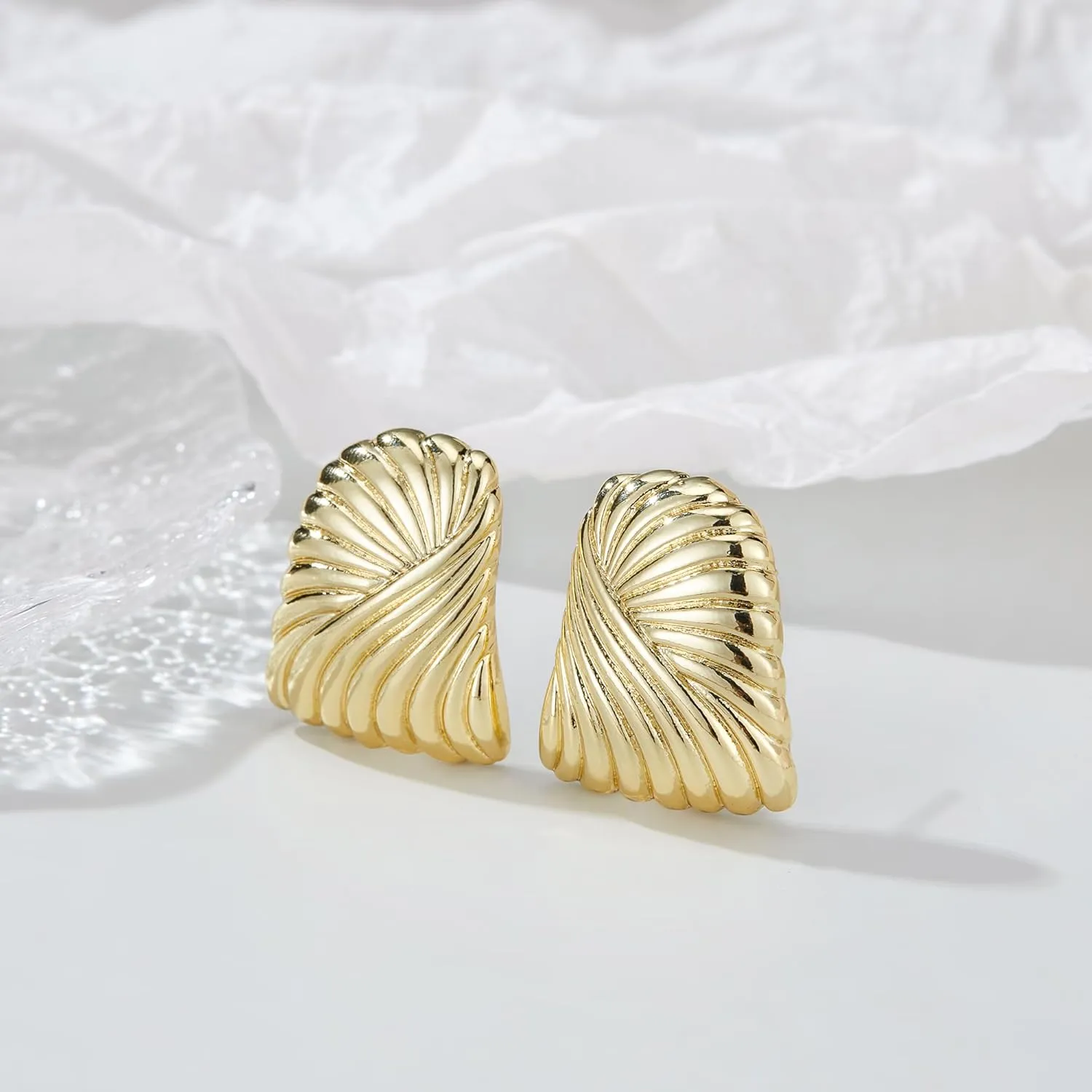 Gold Statement Earrings for Women Trendy Chunky Gold Earrings Geometric Earrings Wings Feather Textured Earrings Square Shell Textured Stud Earrings Fashion Jewelry