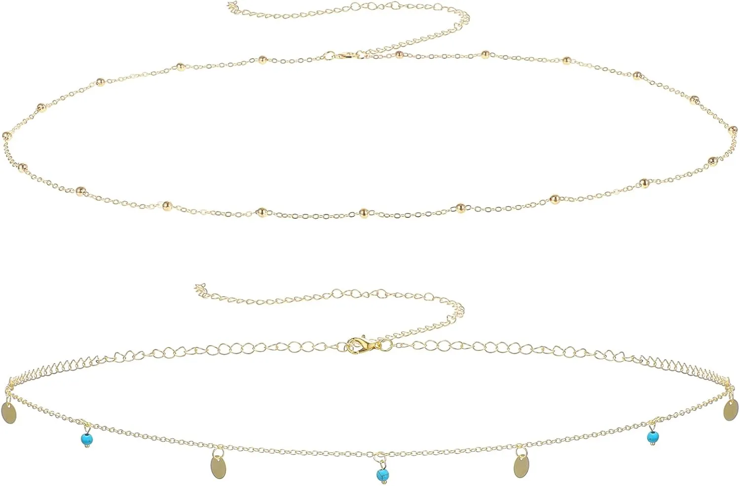 Gold Waist Chain, 2Pcs Layered Belly Chain Adjustable Metal Link Body Chain Belt Waterproof Bikini Waist Beads Chain Dainty Satellite Beads Coin Chain Jewelry Gifts for Women