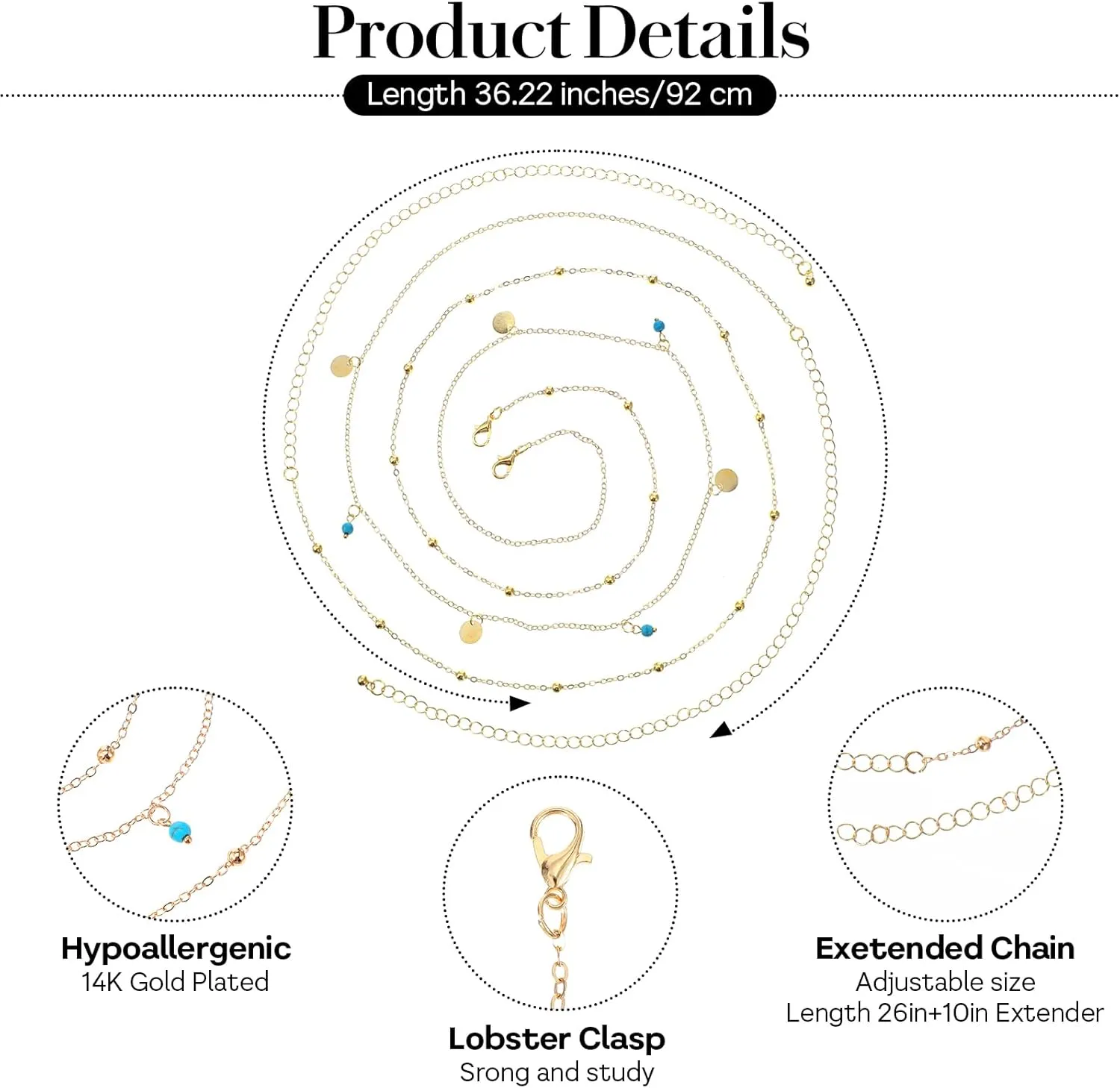 Gold Waist Chain, 2Pcs Layered Belly Chain Adjustable Metal Link Body Chain Belt Waterproof Bikini Waist Beads Chain Dainty Satellite Beads Coin Chain Jewelry Gifts for Women