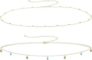 Gold Waist Chain, 2Pcs Layered Belly Chain Adjustable Metal Link Body Chain Belt Waterproof Bikini Waist Beads Chain Dainty Satellite Beads Coin Chain Jewelry Gifts for Women