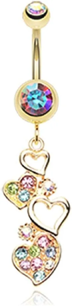 Golden Sparkling Heart Cluster Belly Button Ring