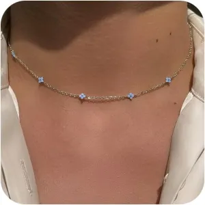 Gold/Silver Necklace for Women, Dainty Chain Necklace 14K Gold Plated Station Choker Necklace Non Tarnish Small Cute Clover Flower CZ Diamond Necklaces Jewelry for Women Gifts