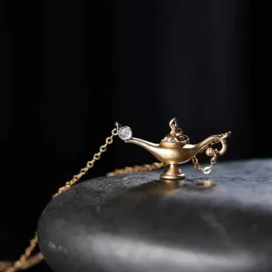 Good Luck Aladdin Magic Genie Lamp Pendant Retro Necklace for Women Classic Dainty Teapot CZ Charm Choker Legend Wishing Necklaces Adjustable Chain Birthday Jewelry Gifts for Wife Mother