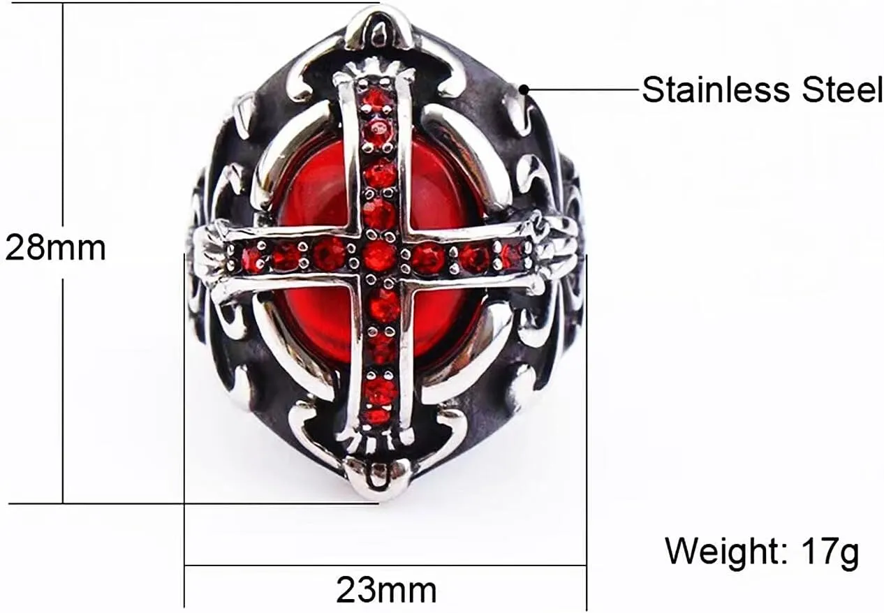 Gothic Cross Rings for men Antique Flower Carving style Ruby Stone Ring Biker 316 Stainless Steel Rings Iced Out Jewelry Punk Ring Cocktail Party Ring Vintage mens fashion rings Best Gift for men
