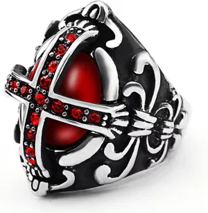 Gothic Cross Rings for men Antique Flower Carving style Ruby Stone Ring Biker 316 Stainless Steel Rings Iced Out Jewelry Punk Ring Cocktail Party Ring Vintage mens fashion rings Best Gift for men