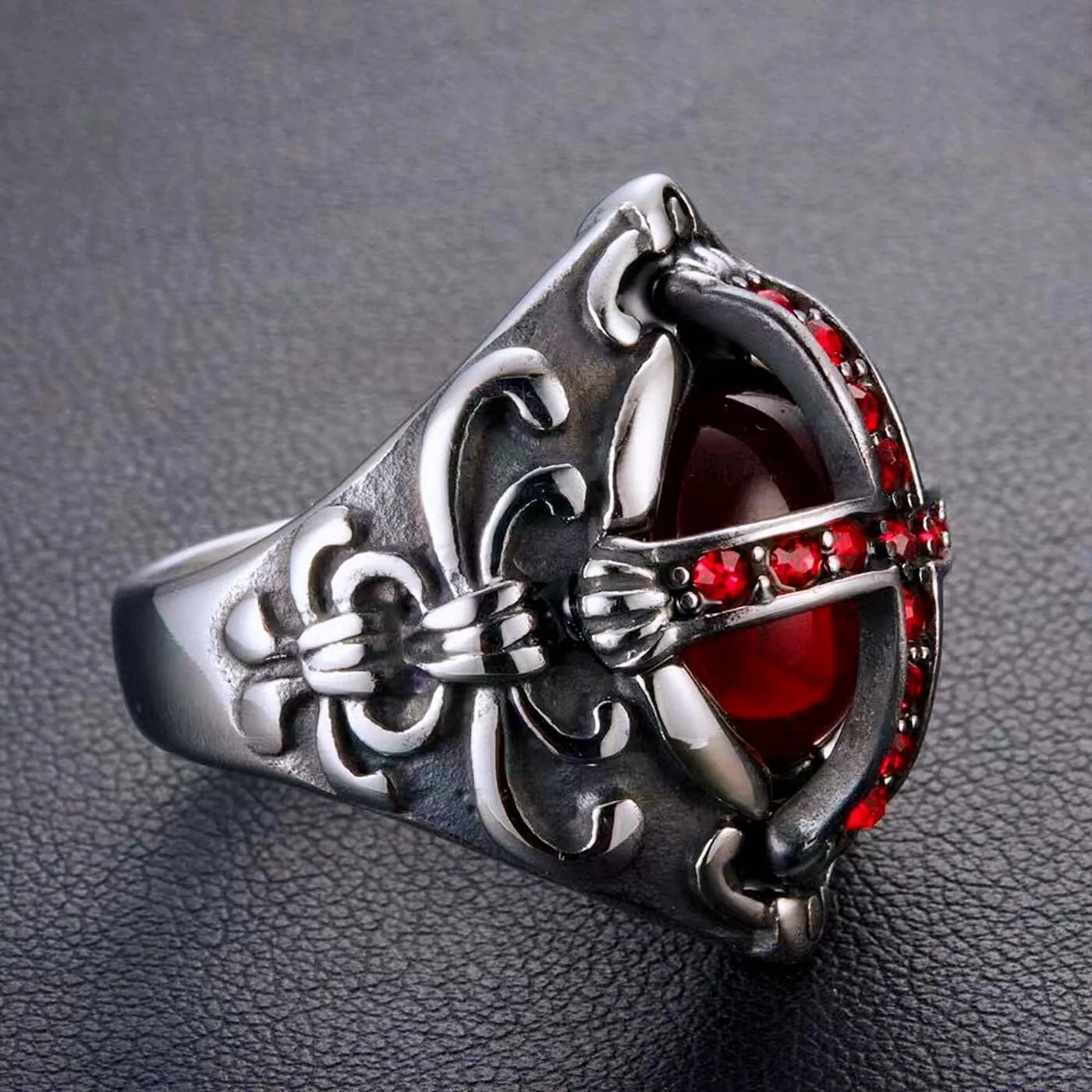 Gothic Cross Rings for men Antique Flower Carving style Ruby Stone Ring Biker 316 Stainless Steel Rings Iced Out Jewelry Punk Ring Cocktail Party Ring Vintage mens fashion rings Best Gift for men