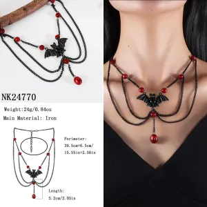 Gothic Layered Y Necklace, Exquisite Teardrop Necklace, Black And Red Bat Layered Necklace, Christmas Holiday New Year Jewelry Gift For Women