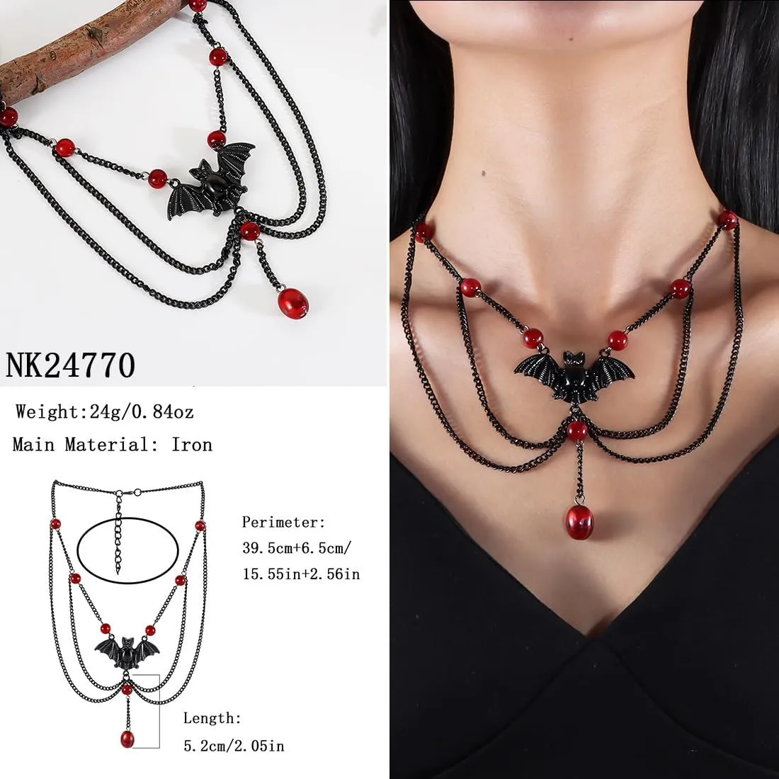 Gothic Layered Y Necklace, Exquisite Teardrop Necklace, Black And Red Bat Layered Necklace, Christmas Holiday New Year Jewelry Gift For Women