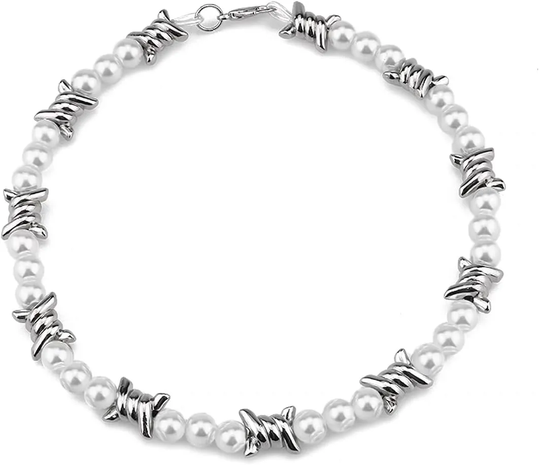 Gothic Thorns Pearl Choker Punk Hip Hop Necklace for Women Men Rock Stylish Chunky Pearls Beaded Goth Barbed Wire Chain Adjustable Collar Statement Necklaces Harajuku Streetwear Brambles Jewelry Gifts