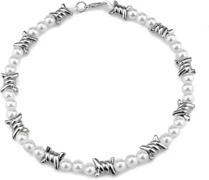 Gothic Thorns Pearl Choker Punk Hip Hop Necklace for Women Men Rock Stylish Chunky Pearls Beaded Goth Barbed Wire Chain Adjustable Collar Statement Necklaces Harajuku Streetwear Brambles Jewelry Gifts