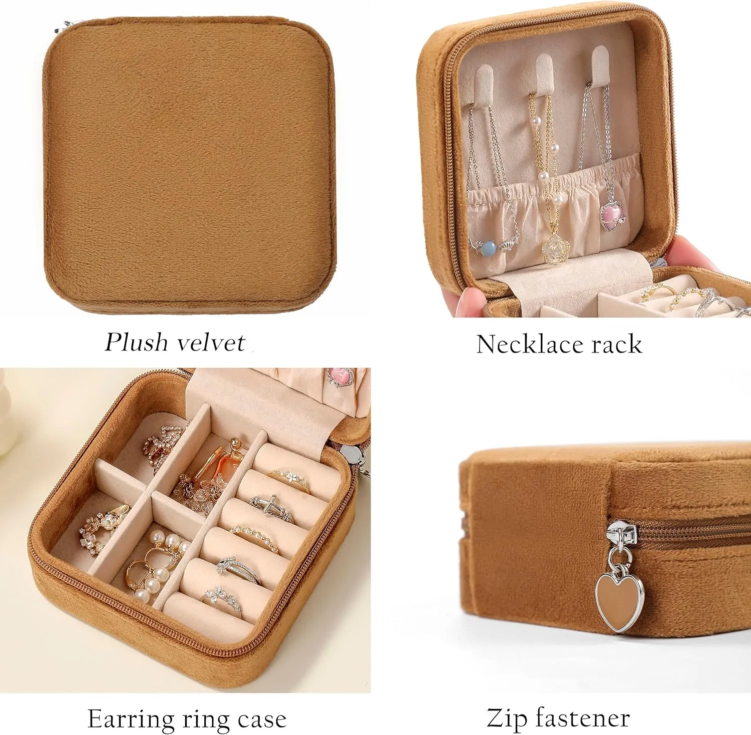 GUKA Plush Velvet Travel Jewelry Box Organize, Jewelry Travel Case, Small Portable Organizer Boxes for Rings Earrings Necklaces Bracelets, Mini Gifts Case for Women Girls - Coffee