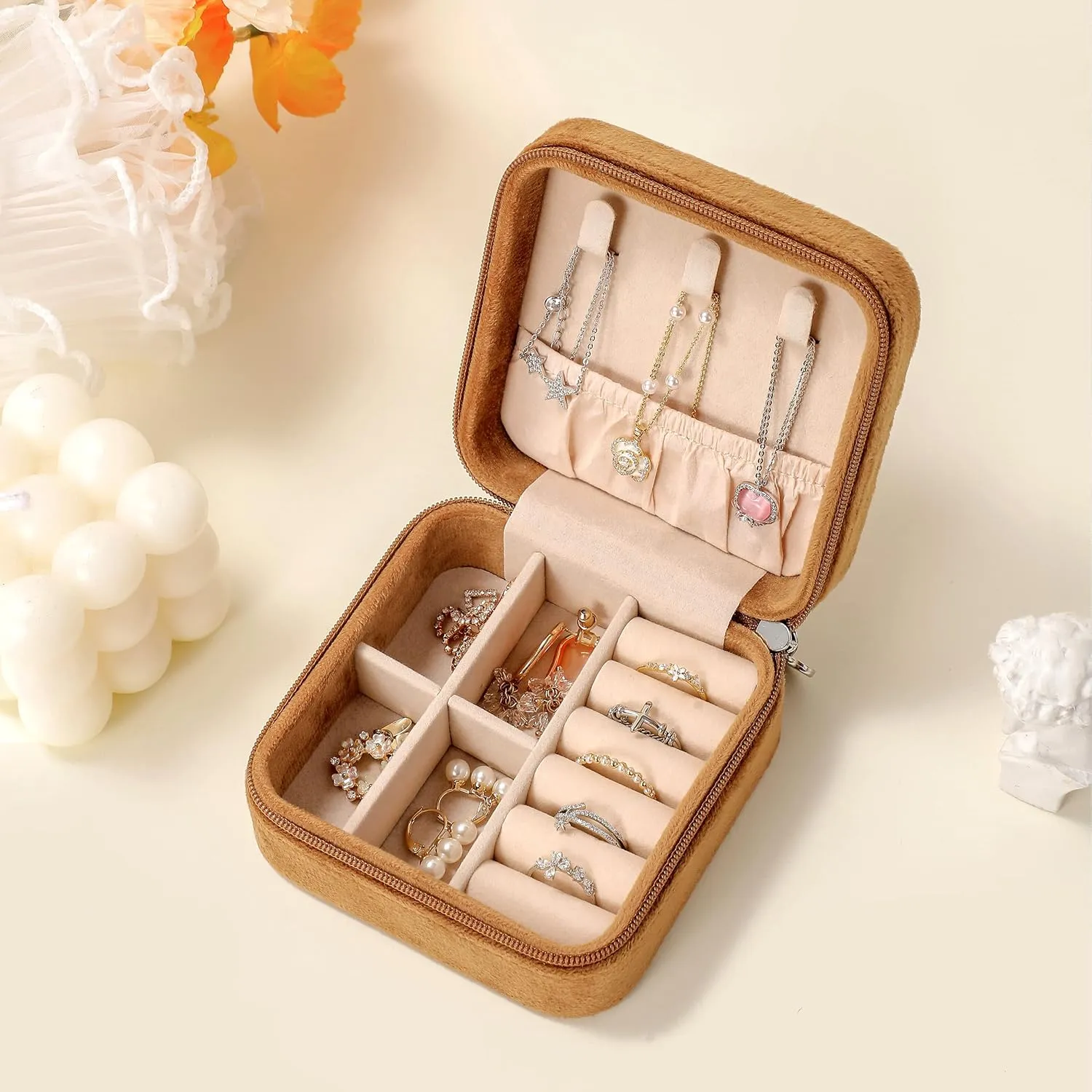 GUKA Plush Velvet Travel Jewelry Box Organize, Jewelry Travel Case, Small Portable Organizer Boxes for Rings Earrings Necklaces Bracelets, Mini Gifts Case for Women Girls - Coffee