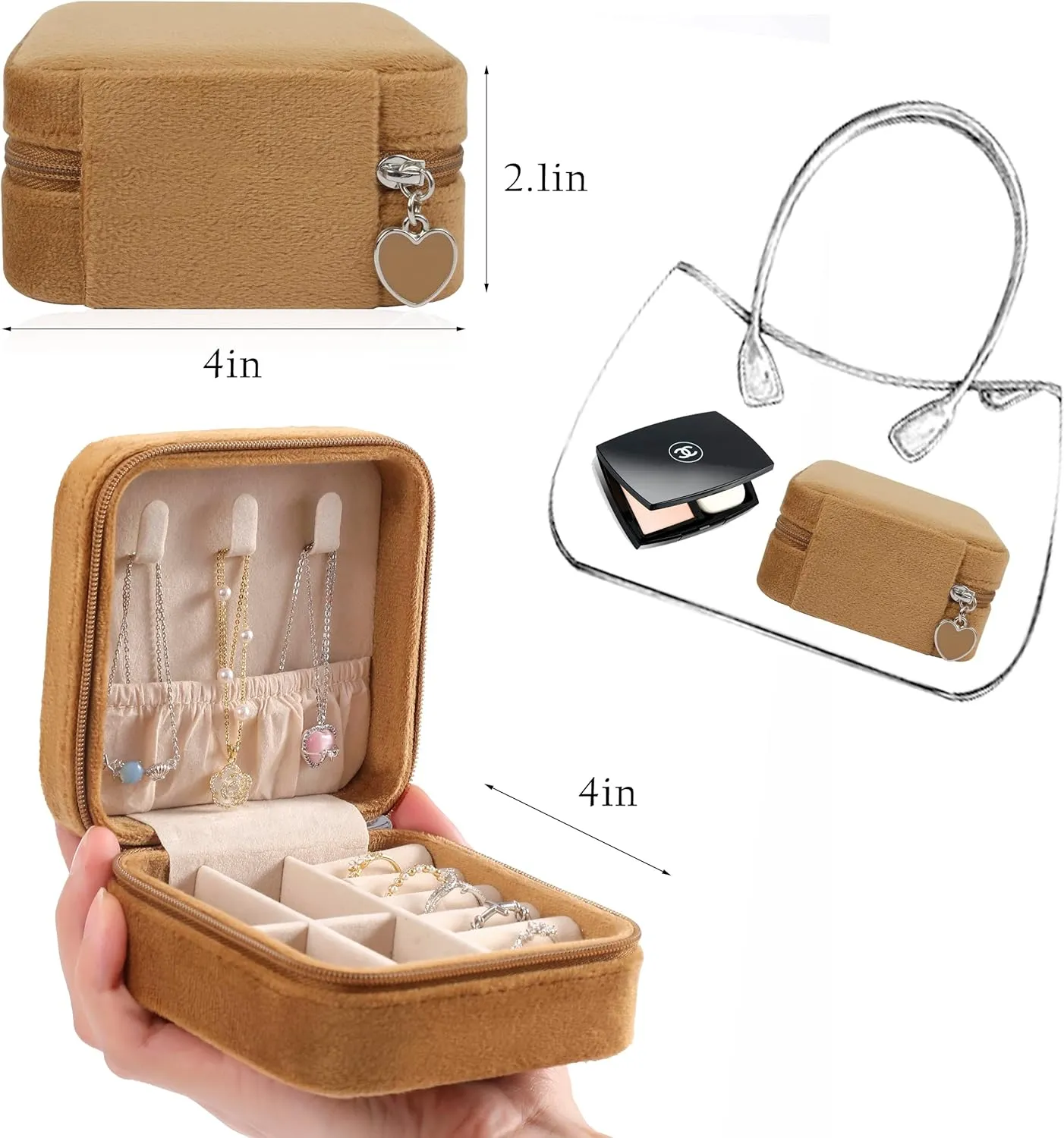 GUKA Plush Velvet Travel Jewelry Box Organize, Jewelry Travel Case, Small Portable Organizer Boxes for Rings Earrings Necklaces Bracelets, Mini Gifts Case for Women Girls - Coffee