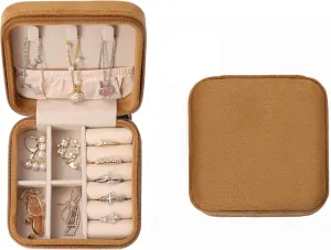 GUKA Plush Velvet Travel Jewelry Box Organize, Jewelry Travel Case, Small Portable Organizer Boxes for Rings Earrings Necklaces Bracelets, Mini Gifts Case for Women Girls - Coffee
