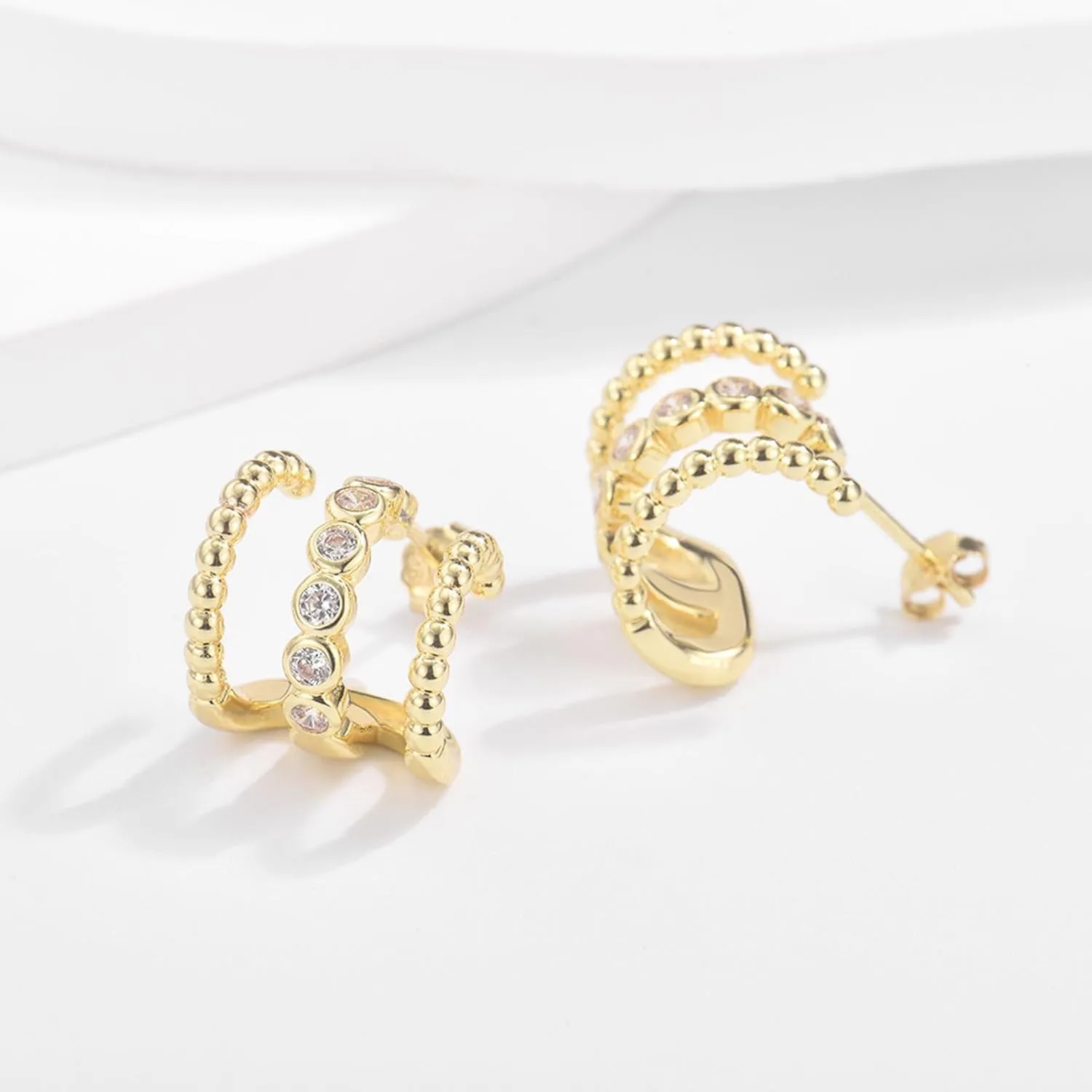 GULICX Gold Earrings for Women Trendy, 925 Sterling Silver Post Triple Hoops Illusion Stud Earrings with Cubic Zirconia, Claw Earrings Cuff for Women