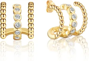 GULICX Gold Earrings for Women Trendy, 925 Sterling Silver Post Triple Hoops Illusion Stud Earrings with Cubic Zirconia, Claw Earrings Cuff for Women