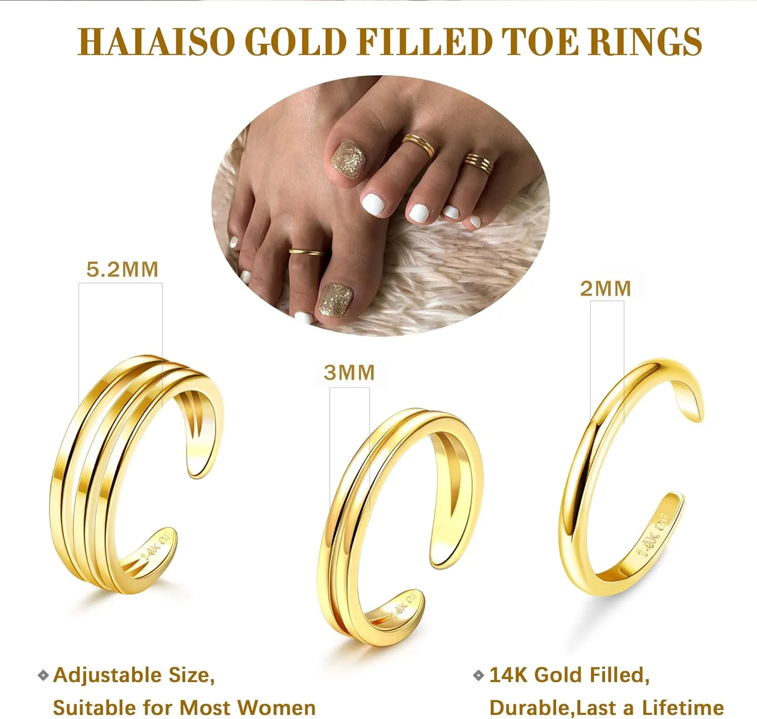 HAIAISO 14K Gold Filled Toe Rings Adjustable Toe Ring for Women Thin Toe Rings Minimalist Open Band Toe Ring Summer Beach Foot Jewelry