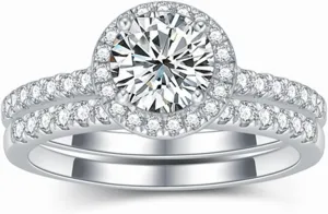 Halo Engagement Ring Sets Bridal Sets Wedding Rings for Women Platinum Plated Silver, 1 Carat Center Moissanite Wedding Ring Set Anniversary Promise Rings