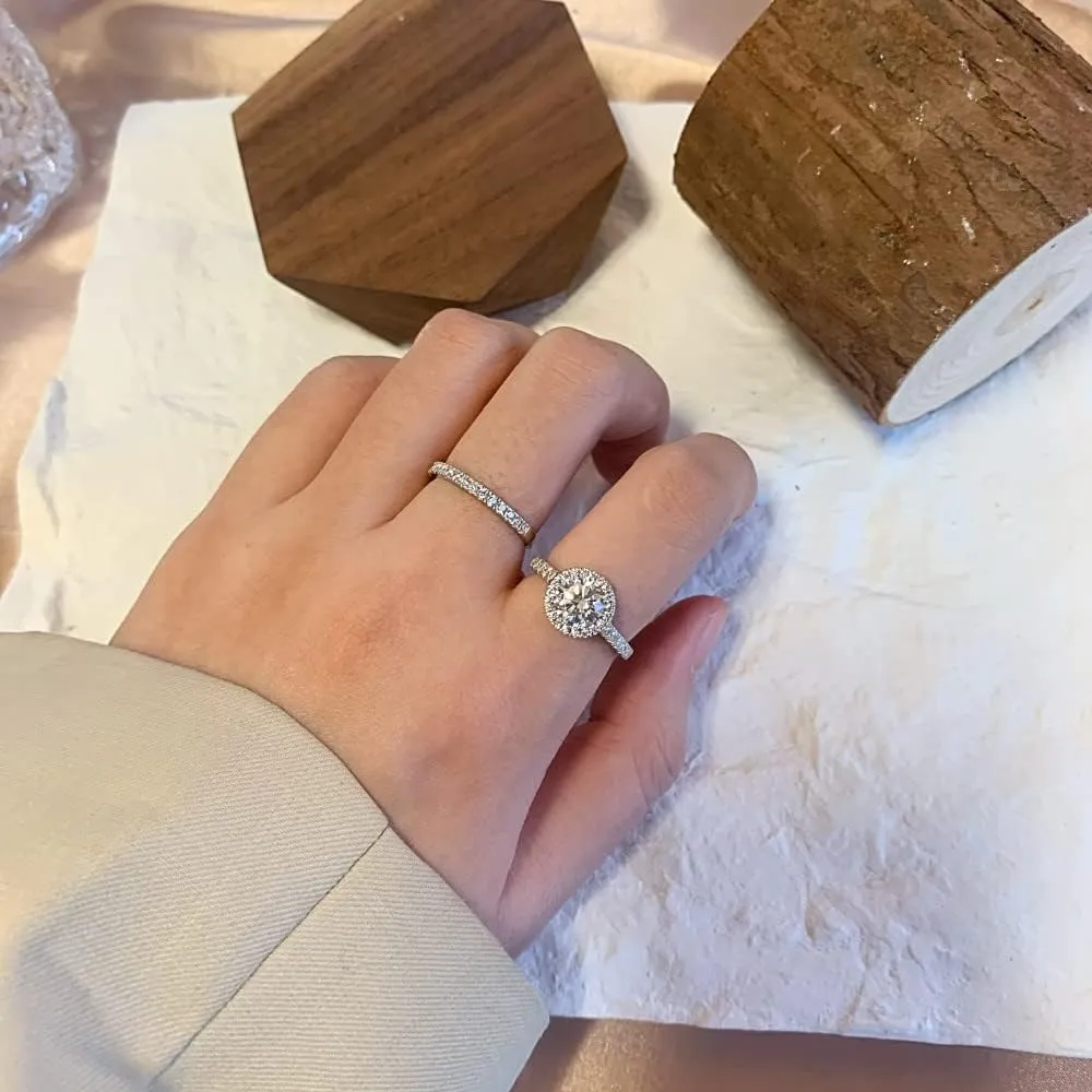 Halo Engagement Ring Sets Bridal Sets Wedding Rings for Women Platinum Plated Silver, 1 Carat Center Moissanite Wedding Ring Set Anniversary Promise Rings