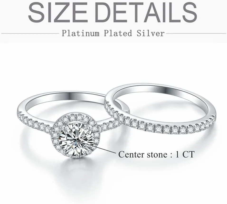 Halo Engagement Ring Sets Bridal Sets Wedding Rings for Women Platinum Plated Silver, 1 Carat Center Moissanite Wedding Ring Set Anniversary Promise Rings
