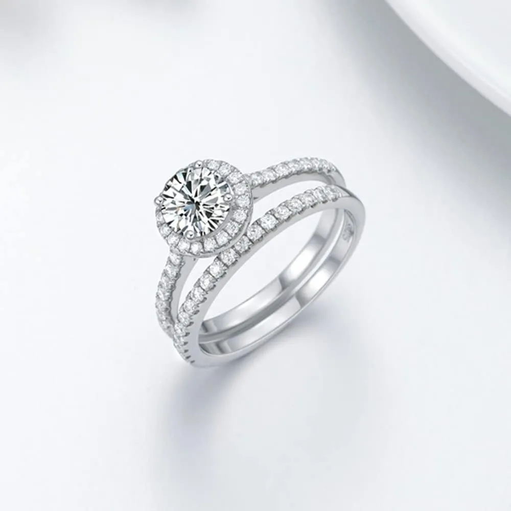 Halo Engagement Ring Sets Bridal Sets Wedding Rings for Women Platinum Plated Silver, 1 Carat Center Moissanite Wedding Ring Set Anniversary Promise Rings