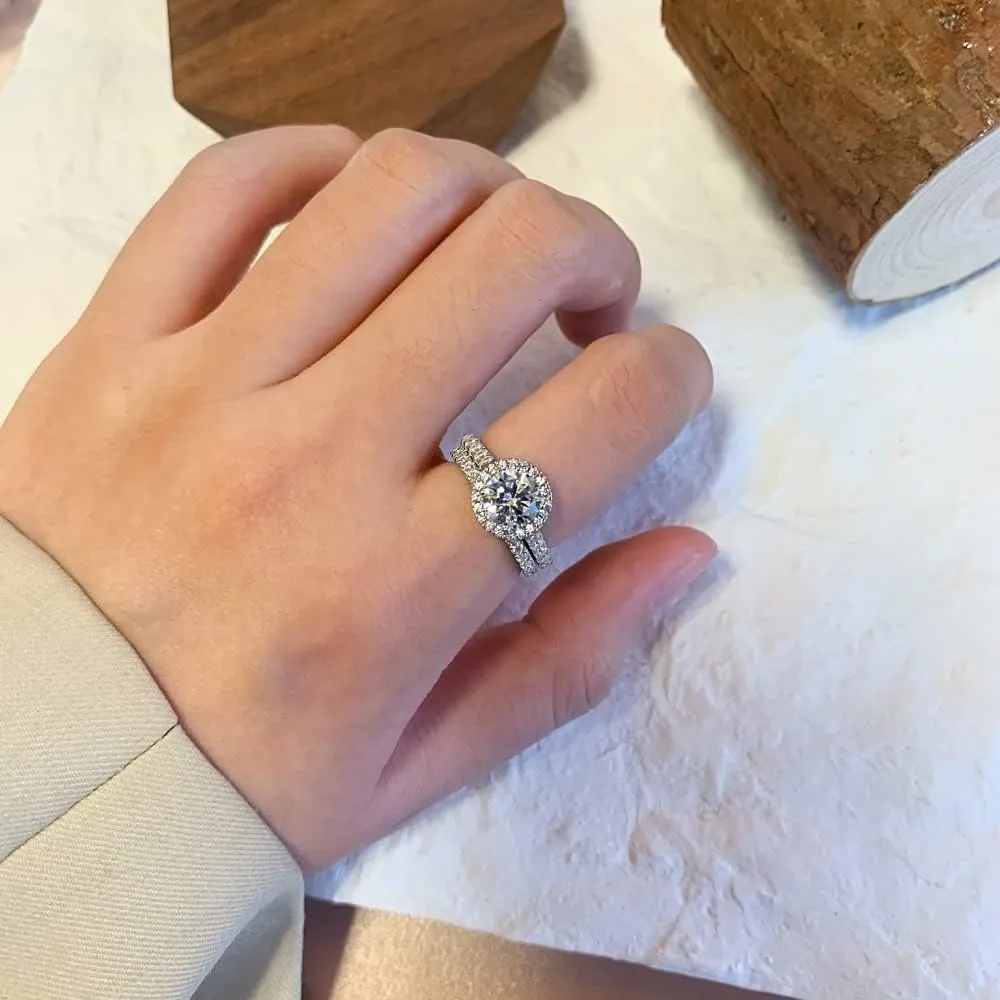 Halo Engagement Ring Sets Bridal Sets Wedding Rings for Women Platinum Plated Silver, 1 Carat Center Moissanite Wedding Ring Set Anniversary Promise Rings