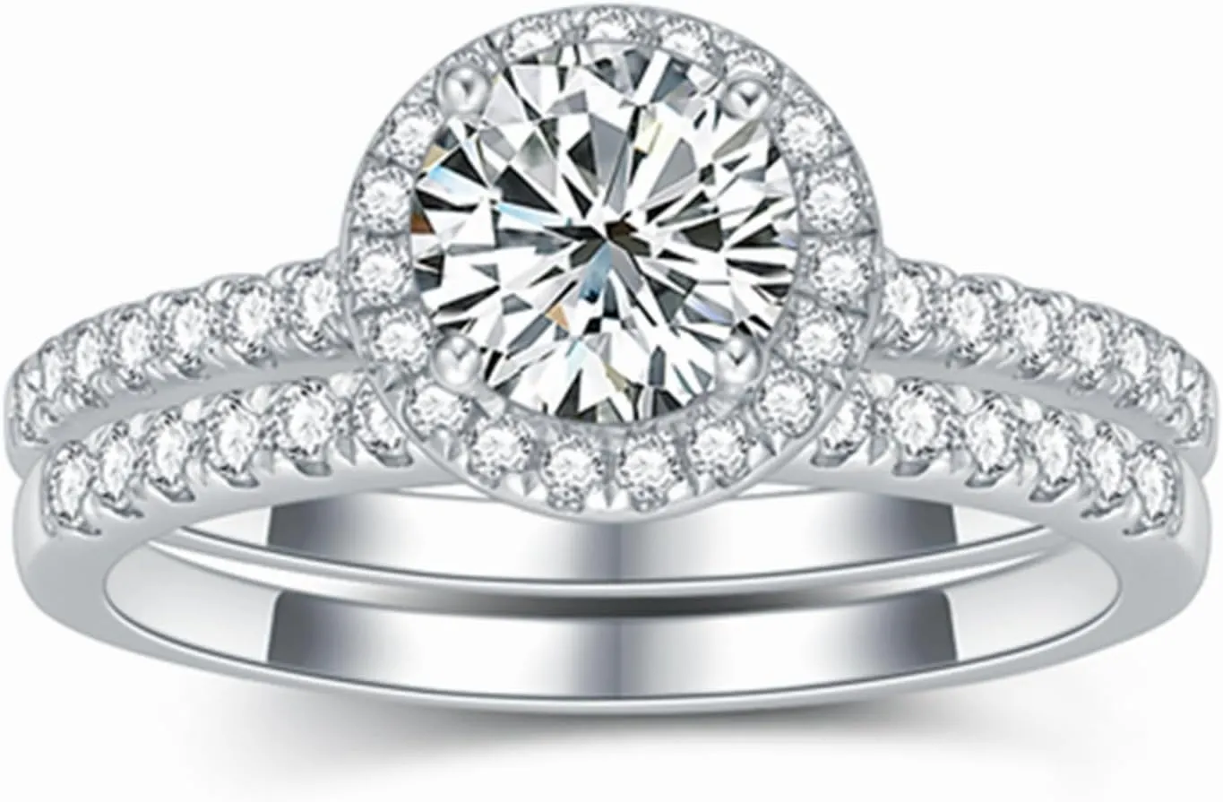 Halo Engagement Ring Sets Bridal Sets Wedding Rings for Women Platinum Plated Silver, 1 Carat Center Moissanite Wedding Ring Set Anniversary Promise Rings
