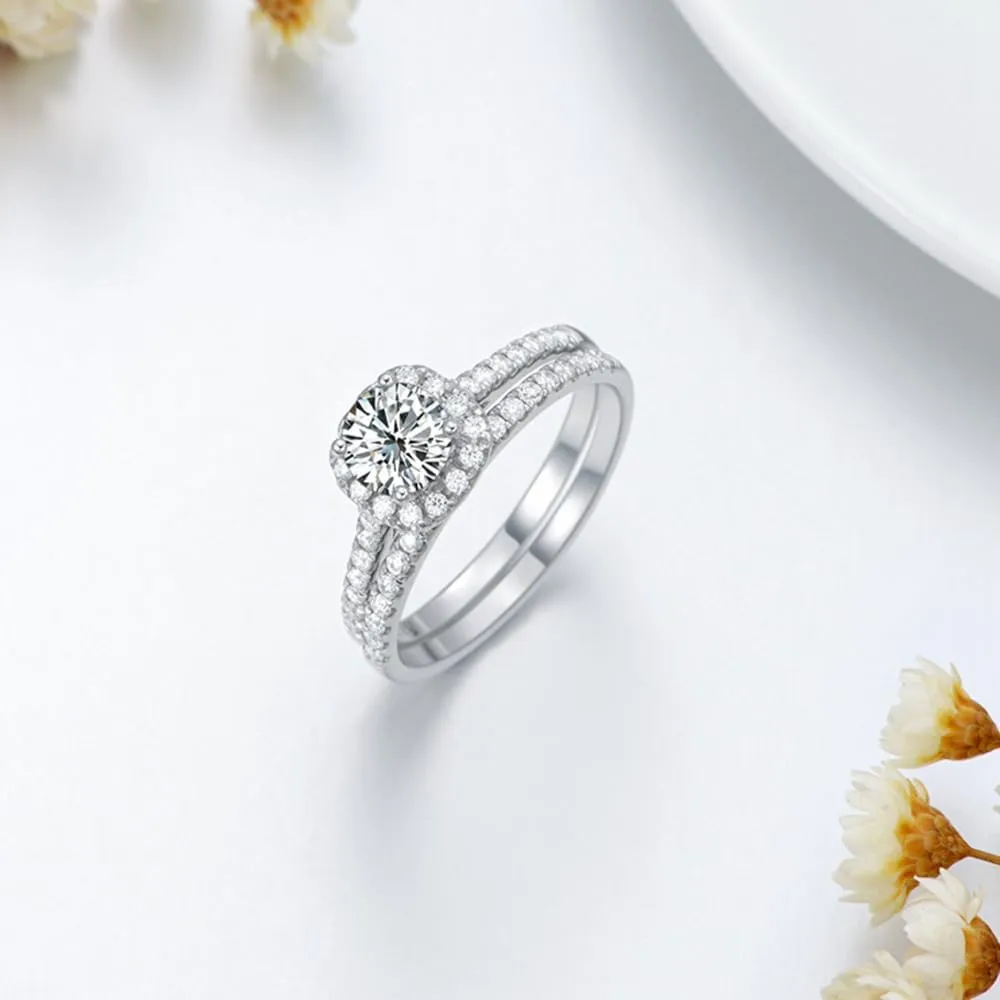 Halo Wedding Ring Set for Women Bridal Sets Wedding Rings Platinum Plated Silver, 1-1/2 Carat (ctw) Moissanite Engagement Ring Set White Gold Anniversary Promise Rings for Her