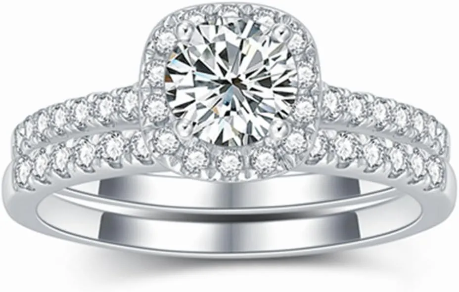 Halo Wedding Ring Set for Women Bridal Sets Wedding Rings Platinum Plated Silver, 1-1/2 Carat (ctw) Moissanite Engagement Ring Set White Gold Anniversary Promise Rings for Her