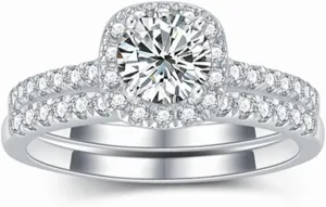 Halo Wedding Ring Set for Women Bridal Sets Wedding Rings Platinum Plated Silver, 1-1/2 Carat (ctw) Moissanite Engagement Ring Set White Gold Anniversary Promise Rings for Her