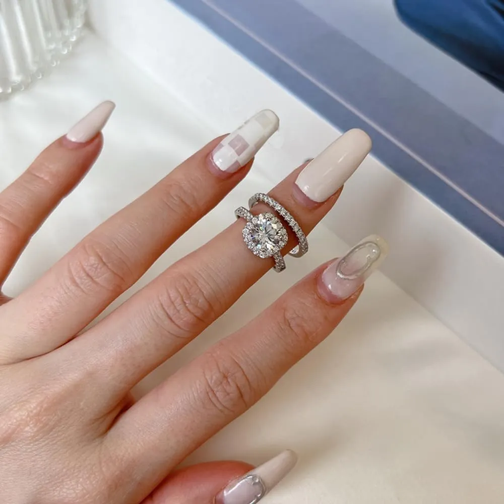 Halo Wedding Ring Set for Women Bridal Sets Wedding Rings Platinum Plated Silver, 1-1/2 Carat (ctw) Moissanite Engagement Ring Set White Gold Anniversary Promise Rings for Her