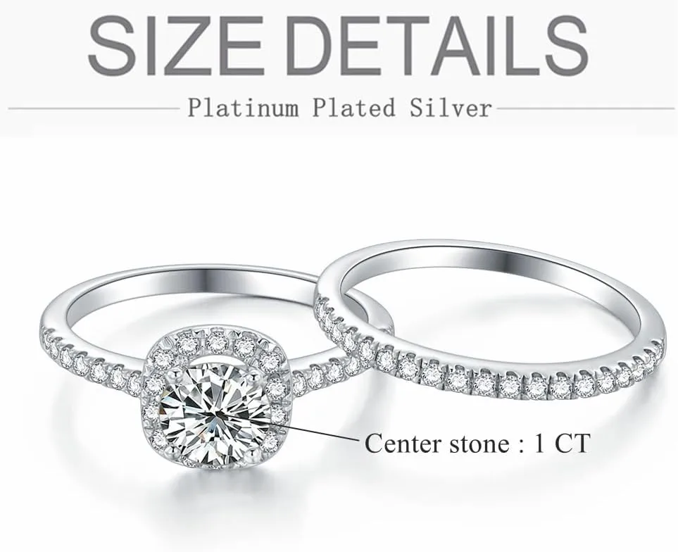 Halo Wedding Ring Set for Women Bridal Sets Wedding Rings Platinum Plated Silver, 1-1/2 Carat (ctw) Moissanite Engagement Ring Set White Gold Anniversary Promise Rings for Her