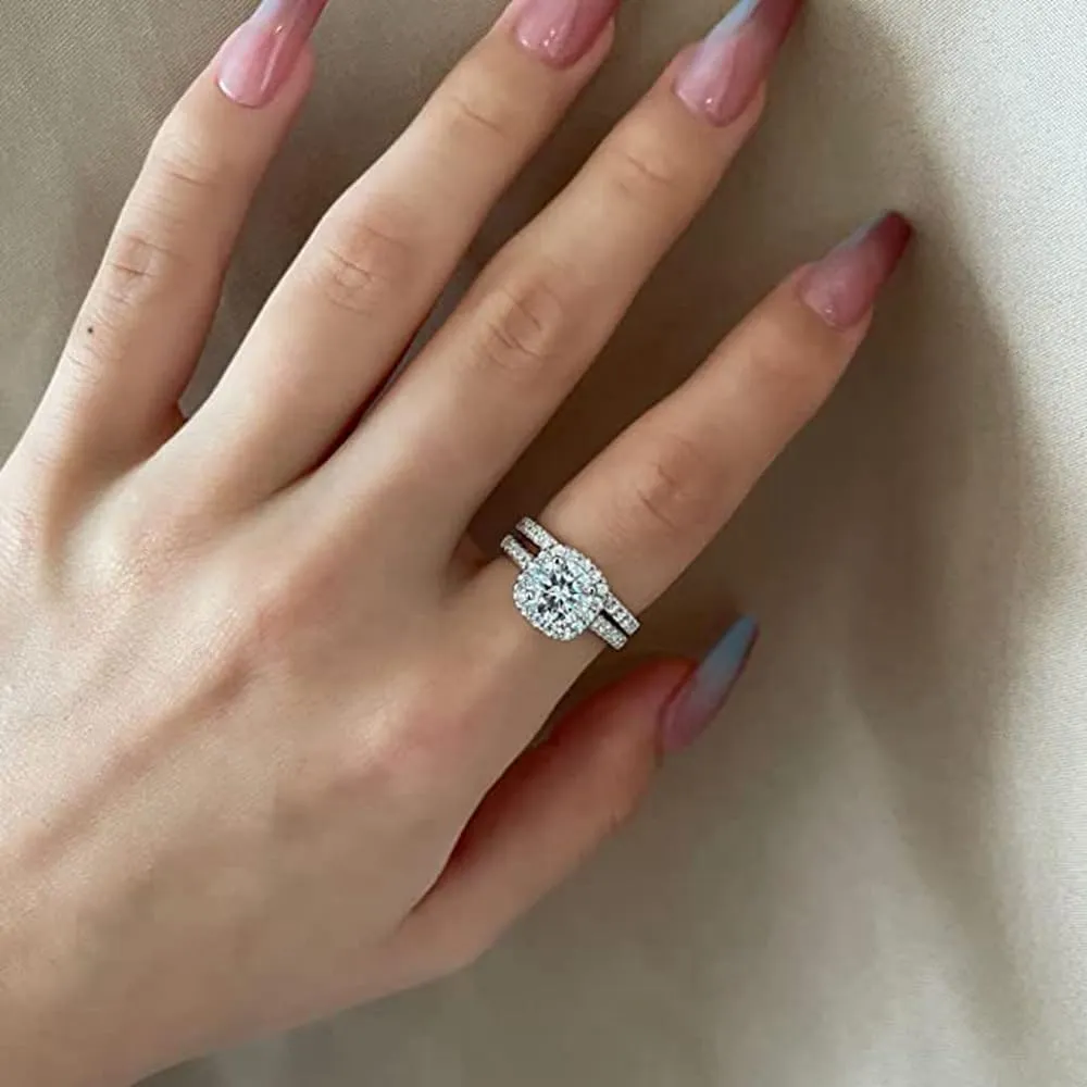 Halo Wedding Ring Set for Women Bridal Sets Wedding Rings Platinum Plated Silver, 1-1/2 Carat (ctw) Moissanite Engagement Ring Set White Gold Anniversary Promise Rings for Her