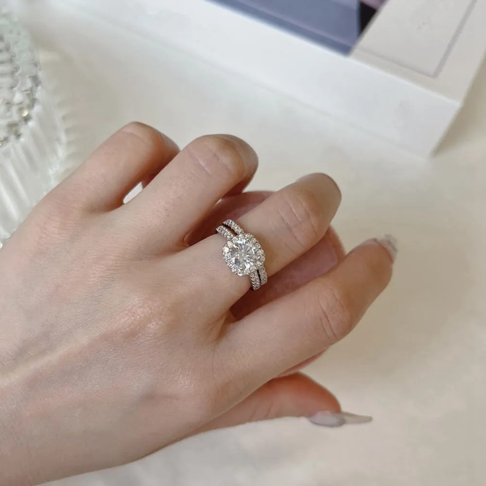 Halo Wedding Ring Set for Women Bridal Sets Wedding Rings Platinum Plated Silver, 1-1/2 Carat (ctw) Moissanite Engagement Ring Set White Gold Anniversary Promise Rings for Her