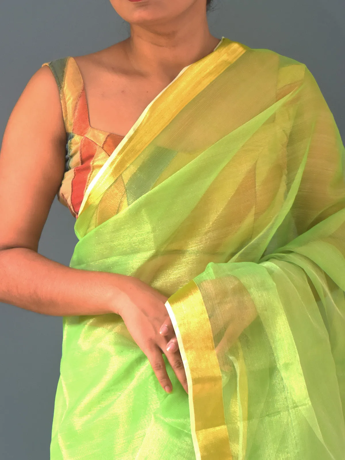 Handloom Muslin Saree Zari Border Pistachio Green