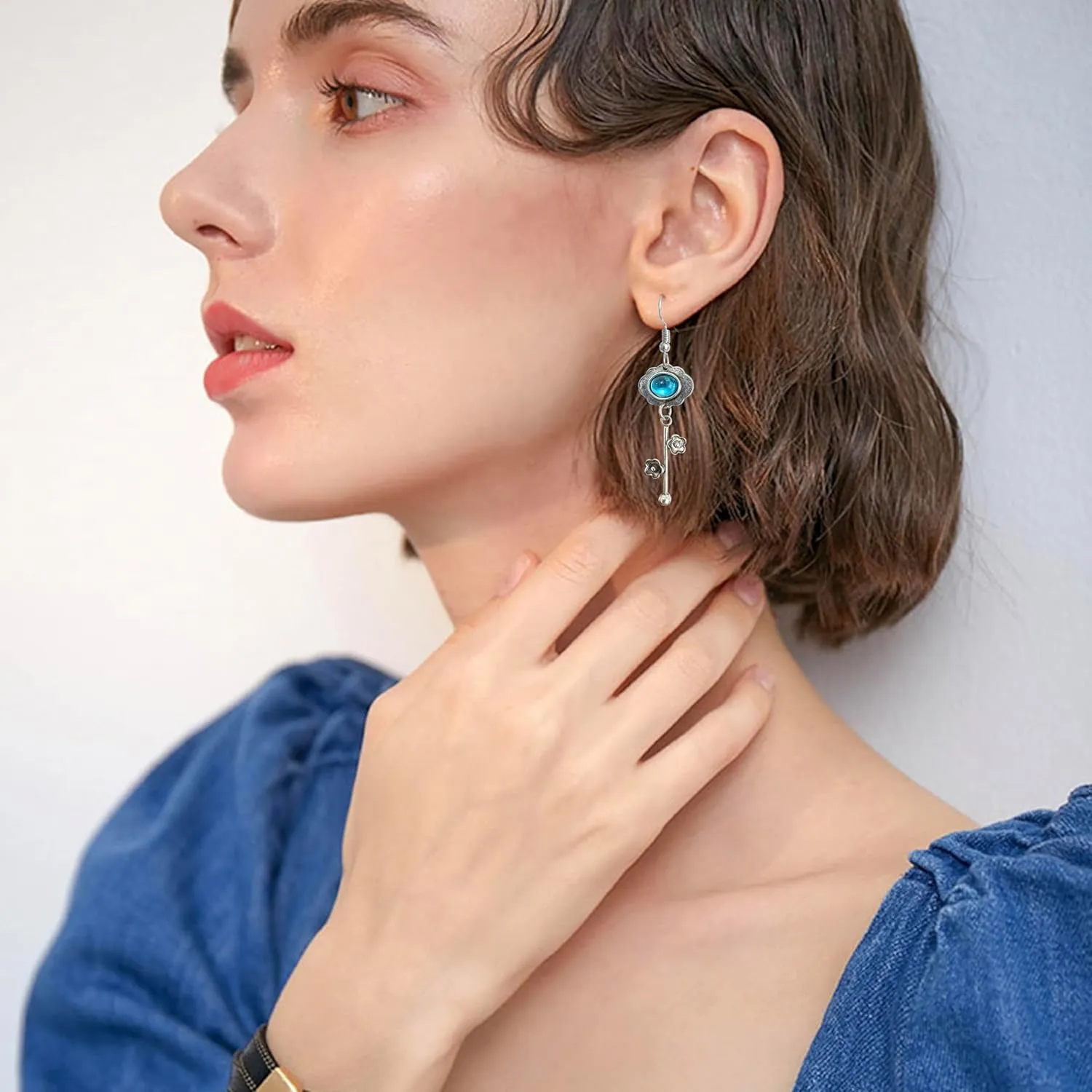 Handmade Bohemian Vintage Silver Asymmetry Plum Blossom Dangle Drop Earrings Dainty Cherry Green Crystal Flower Stud Earring for Women Statement Jewelry Gifts Mother's Day