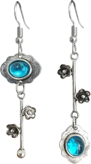 Handmade Bohemian Vintage Silver Asymmetry Plum Blossom Dangle Drop Earrings Dainty Cherry Green Crystal Flower Stud Earring for Women Statement Jewelry Gifts Mother's Day