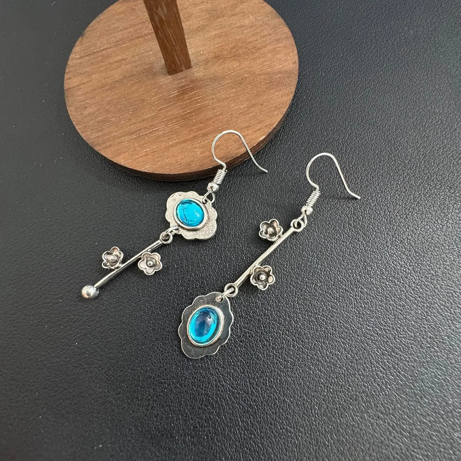 Handmade Bohemian Vintage Silver Asymmetry Plum Blossom Dangle Drop Earrings Dainty Cherry Green Crystal Flower Stud Earring for Women Statement Jewelry Gifts Mother's Day