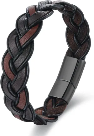 Handmade Brown Braided Leather Bangle Bracelet, Black Stainless Steel Clasp, Mens Stylish