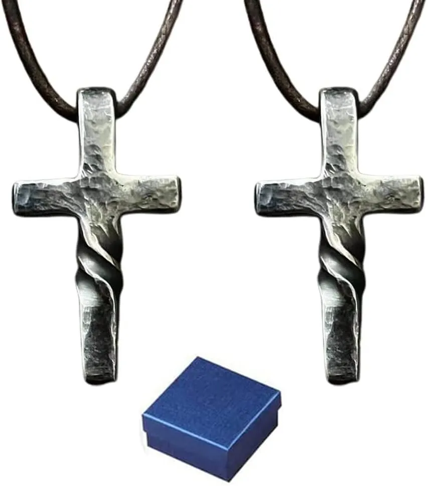Handmade Cross Necklace, Retro Cross Necklace Steel Classic Twisted Cross Pendant Necklace,Long Leather Rope Necklace Jewelry,for Men Women Gifts (2PCS)