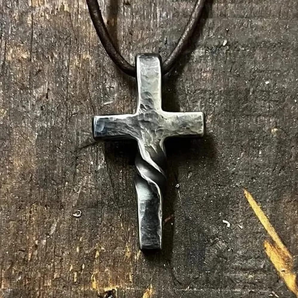 Handmade Cross Necklace, Retro Cross Necklace Steel Classic Twisted Cross Pendant Necklace,Long Leather Rope Necklace Jewelry,for Men Women Gifts (2PCS)