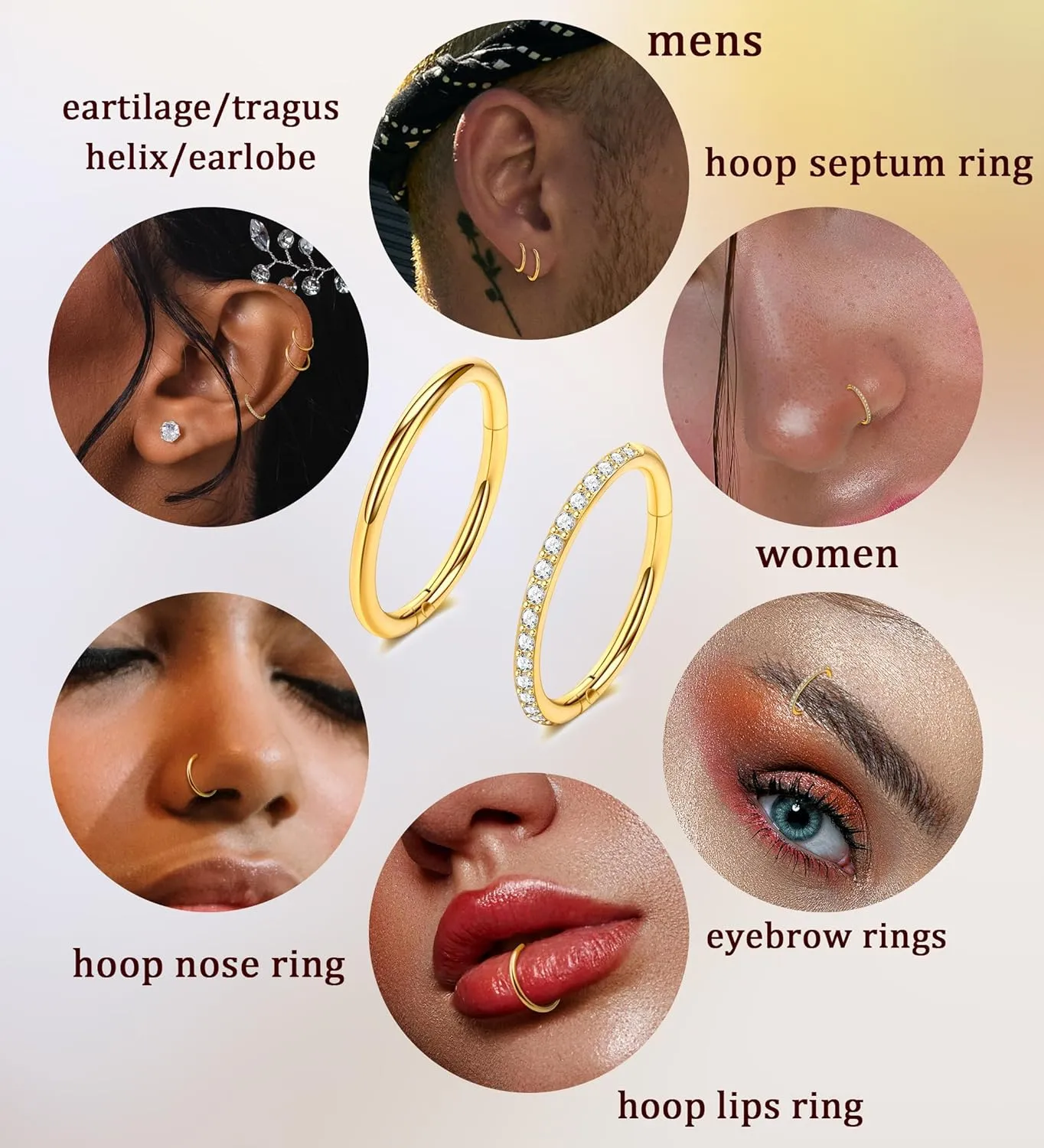 Handmade Hinged Nose Rings for Women & Men  16G/18G/20G 316L Surgical Steel Nose Hoops with CZ for Septum (20G,10mm,Golden)