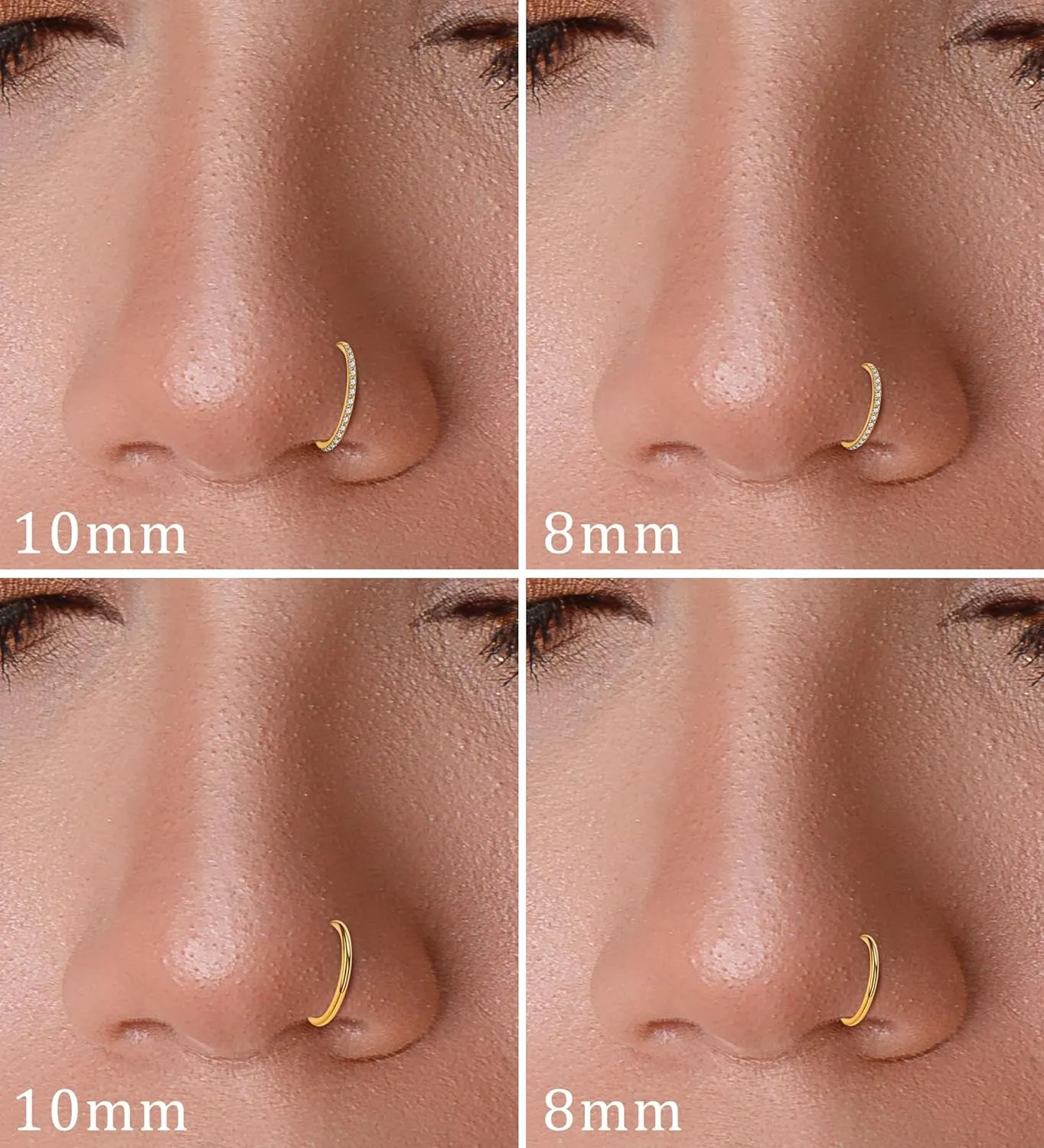 Handmade Hinged Nose Rings for Women & Men  16G/18G/20G 316L Surgical Steel Nose Hoops with CZ for Septum (20G,10mm,Golden)
