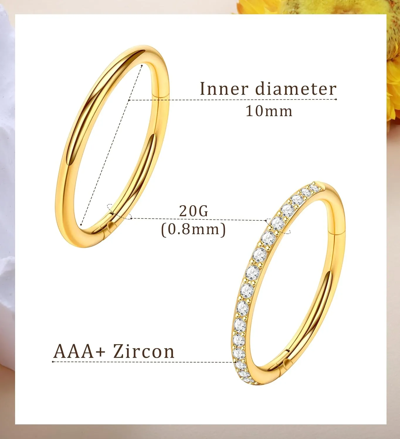Handmade Hinged Nose Rings for Women & Men  16G/18G/20G 316L Surgical Steel Nose Hoops with CZ for Septum (20G,10mm,Golden)