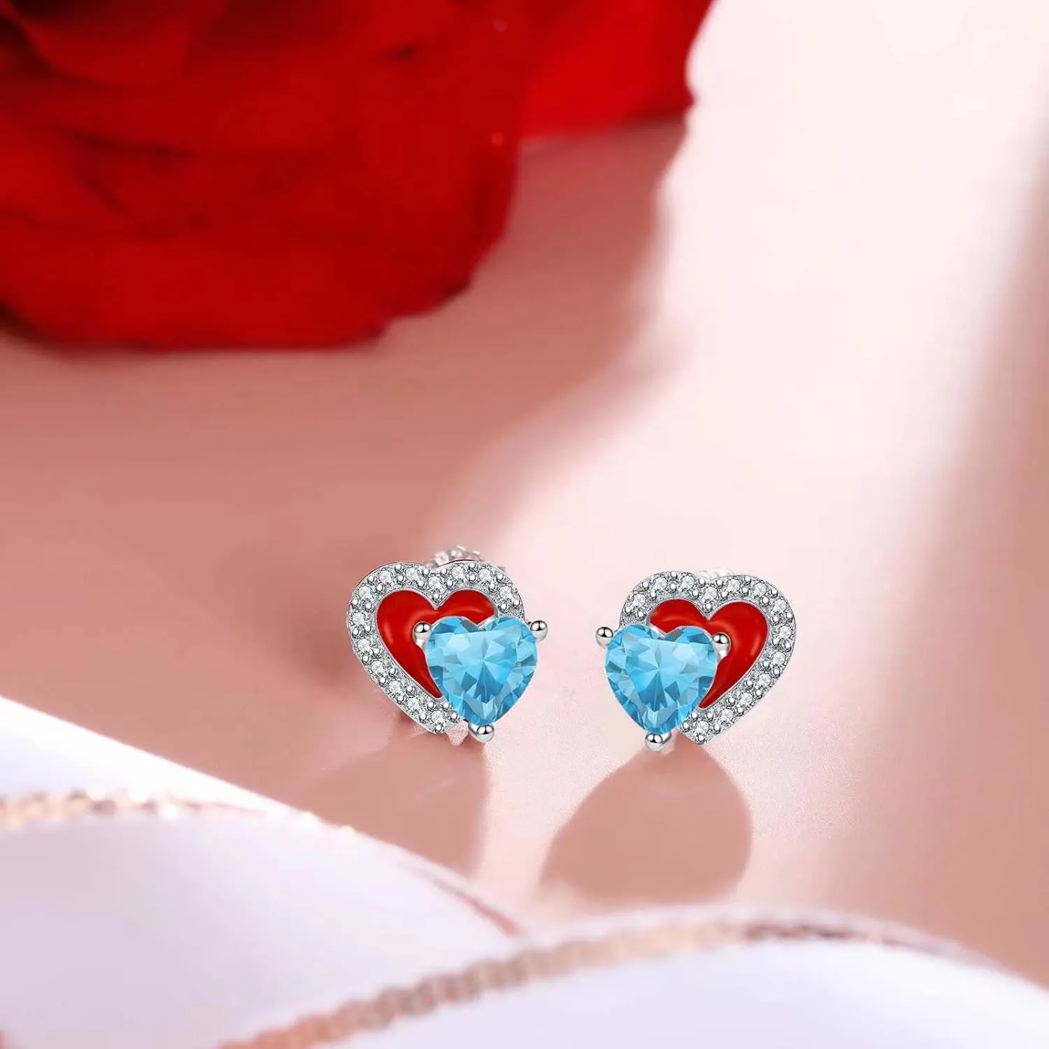 Heart Birthstone Stud Earrings - Sparkling Double Dainty Red Enamel Hearts Forever Love 925 Sterling Silver Platinum Plated 12 Months Zircon Birthday Gifts for Women Girls