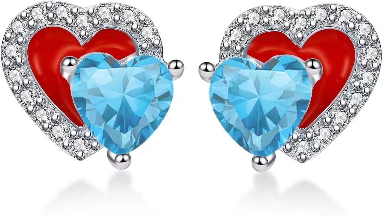 Heart Birthstone Stud Earrings - Sparkling Double Dainty Red Enamel Hearts Forever Love 925 Sterling Silver Platinum Plated 12 Months Zircon Birthday Gifts for Women Girls