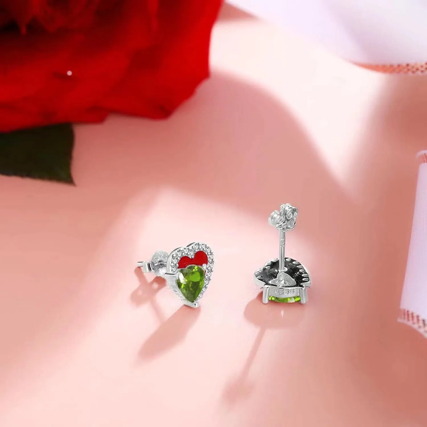 Heart Birthstone Stud Earrings - Sparkling Double Dainty Red Enamel Hearts Forever Love 925 Sterling Silver Platinum Plated 12 Months Zircon Birthday Gifts for Women Girls