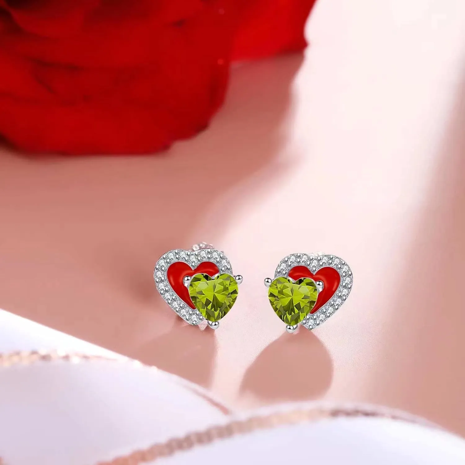 Heart Birthstone Stud Earrings - Sparkling Double Dainty Red Enamel Hearts Forever Love 925 Sterling Silver Platinum Plated 12 Months Zircon Birthday Gifts for Women Girls