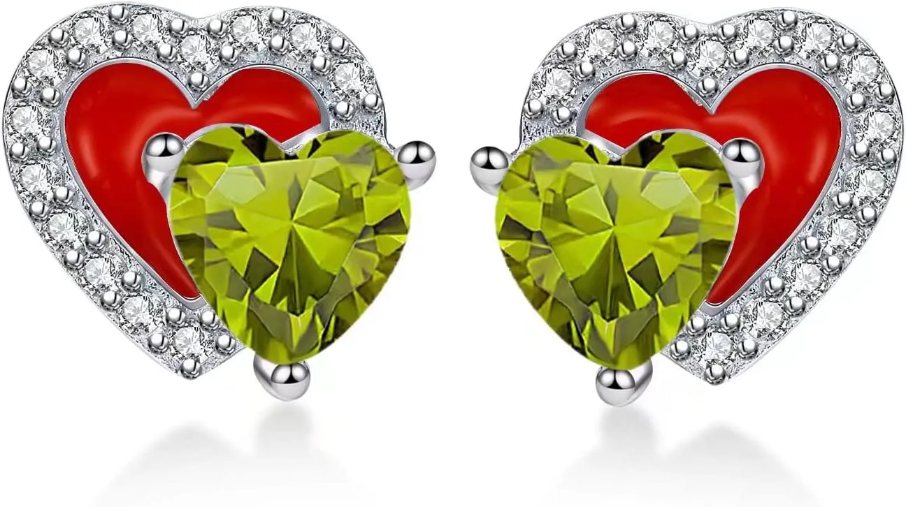 Heart Birthstone Stud Earrings - Sparkling Double Dainty Red Enamel Hearts Forever Love 925 Sterling Silver Platinum Plated 12 Months Zircon Birthday Gifts for Women Girls